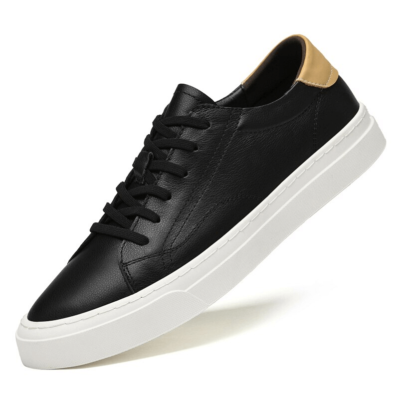 Men's sporty black flexible flat sole sneakers with genuine leather, lace-up closure, and synthetic outsole, perfect for casual wear.