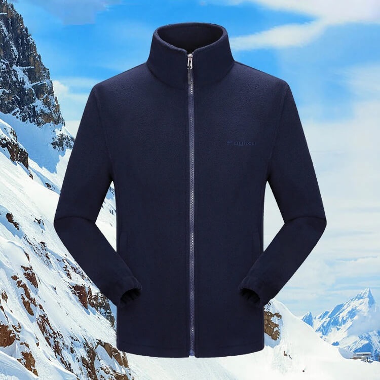 Men's stand collar fleece jacket in navy blue with zipper closure, perfect for warmth and style in winter outdoors. Model SF0723.