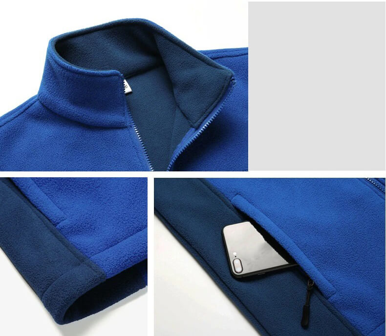 Blue men's stand collar fleece jacket with zipper, durable polyester, soft lining, and pocket detail. SF0723 model.