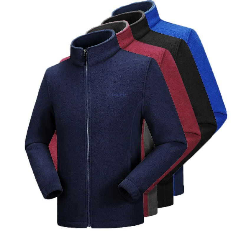 Men's stand collar fleece jackets in various colors, including navy, red, and blue, showcasing zip closure and cozy design.