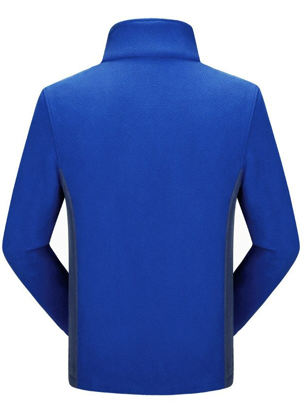 Men's blue stand collar fleece jacket back view, warm outerwear.