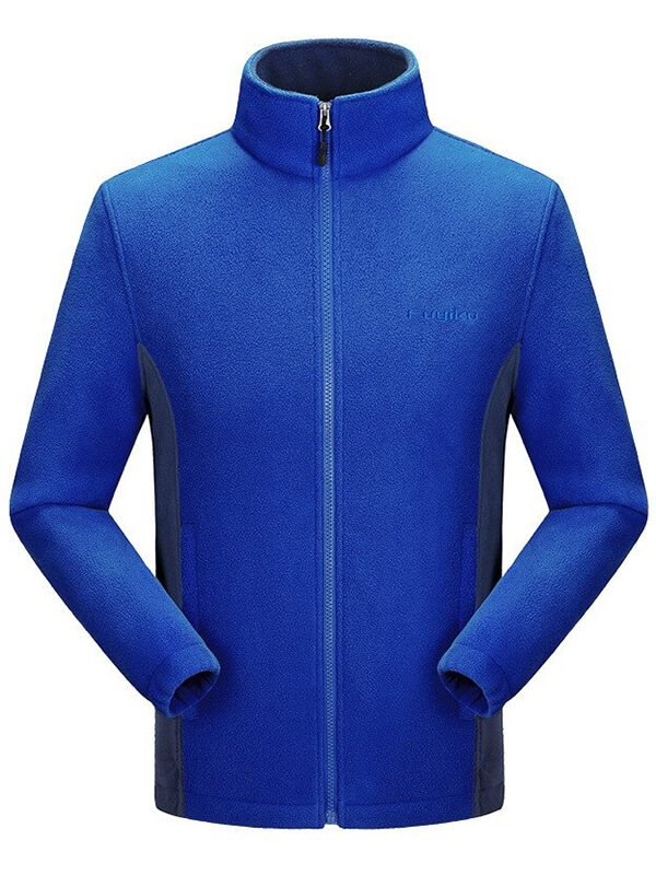 Men's stand collar blue fleece jacket, warm outerwear, polyester, classic design, zipper closure, SF0723