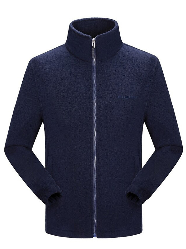 Men's stand collar fleece jacket in navy blue, featuring a zipper closure for a classic look. Warm and cozy polyester outerwear.
