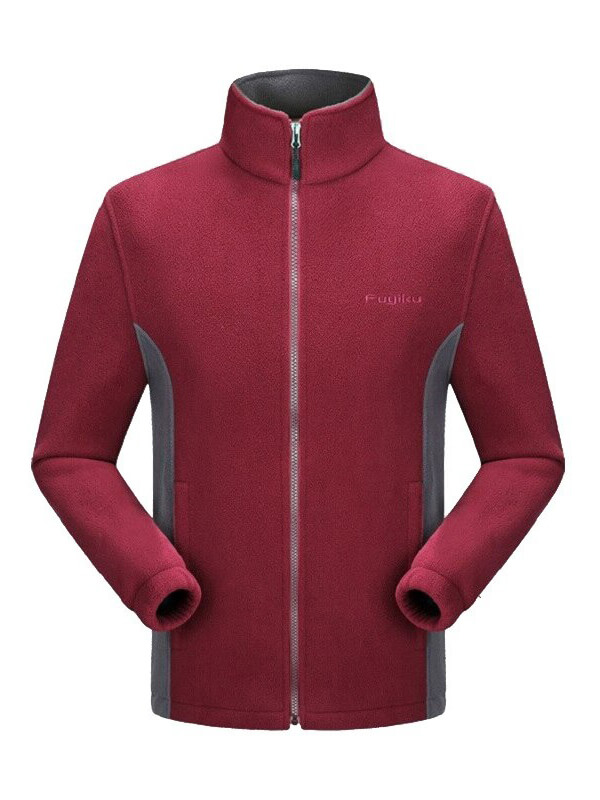 Men's stand collar fleece jacket in red with gray accents, featuring zipper closure and cozy lining. Perfect for warmth and style.