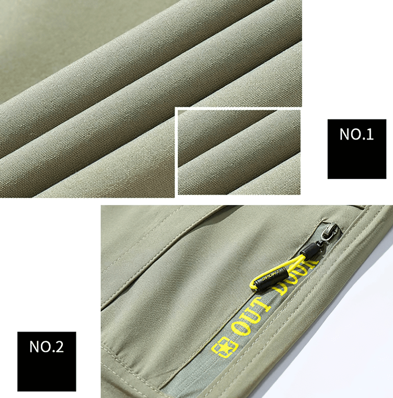 Close-up of fabric and pocket details of men's stretch waterproof tactical trousers, showcasing texture and zipper design.