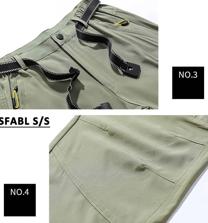 Men's waterproof tactical trousers with multi-pockets, close-up of elastic waist and design details, perfect for outdoor sports.