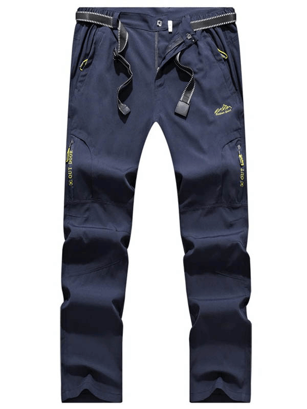 Men's waterproof tactical trousers with multi-pockets, navy blue, ideal for outdoor sports, elastic waist, full length.