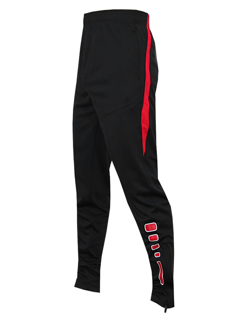 Men's black sweatpants with red stripes, zipper pockets, ideal for football or basketball, breathable polyester, adjustable waistband.