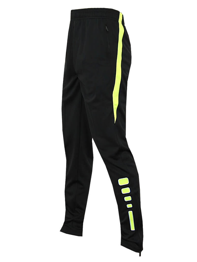 Men's black sweatpants with neon stripe, zippered pockets, and elastic waistband for football or basketball, polyester material.