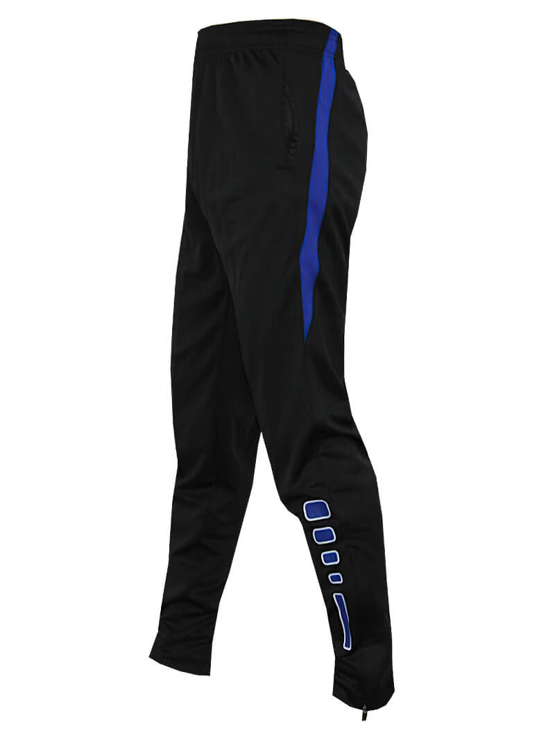 Black men's sweatpants with blue stripe, zippered pockets for sports like football or basketball, breathable polyester fabric.