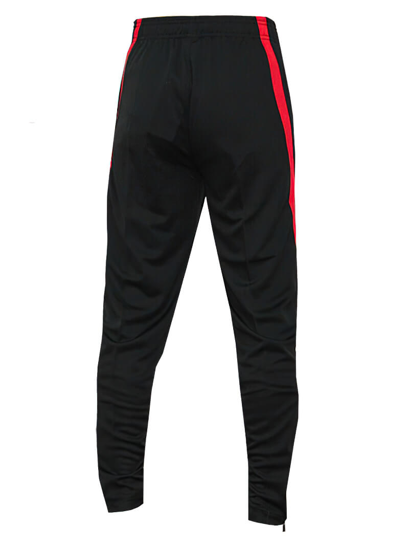 Men's black sweatpants with red stripe, featuring zippered pockets and elastic waistband, ideal for football or basketball.