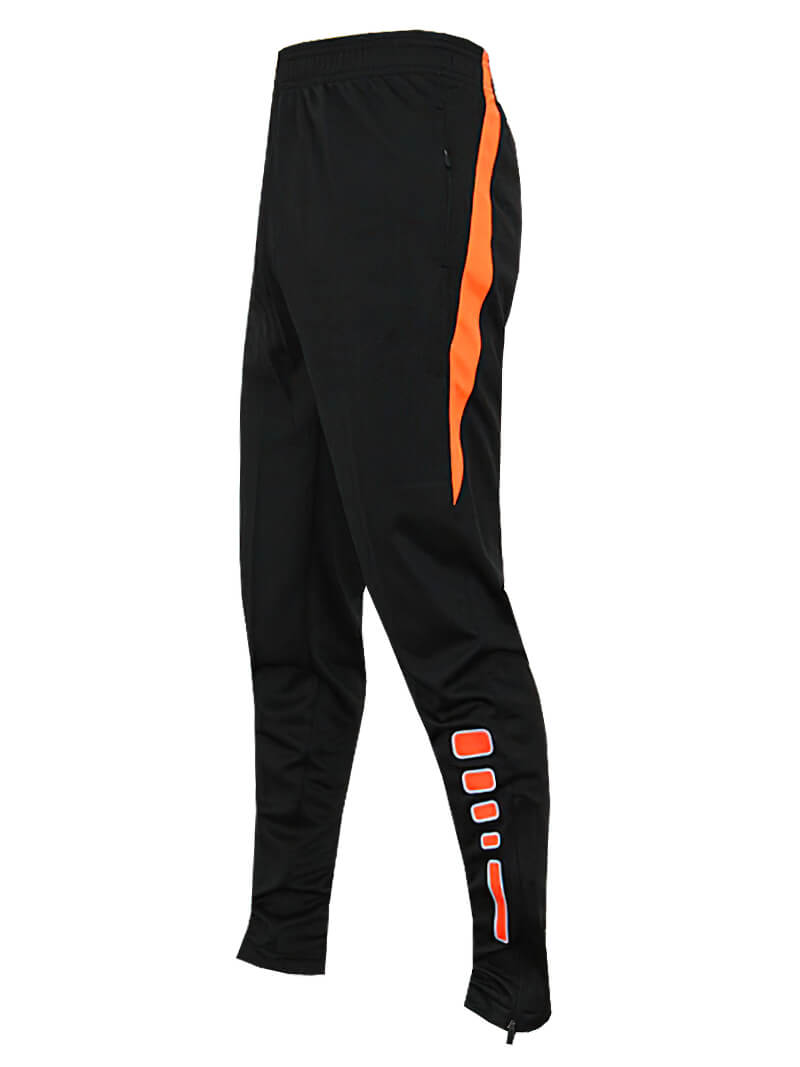 Men's black sweatpants with orange stripe and zippered pockets, ideal for football or basketball.
