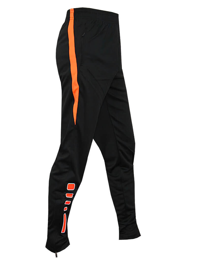 Men's black sweatpants with orange stripes and zipper pockets for football or basketball, made of breathable polyester fabric.