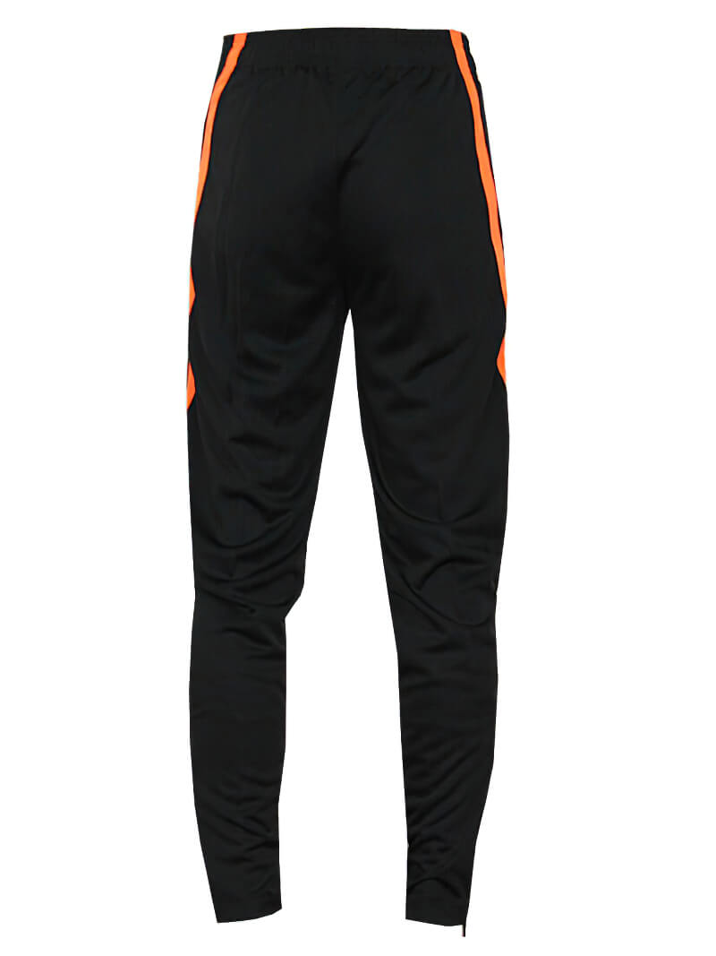 Men's black sweatpants with orange stripes, zipper pockets for sports like football and basketball, breathable polyester fabric.