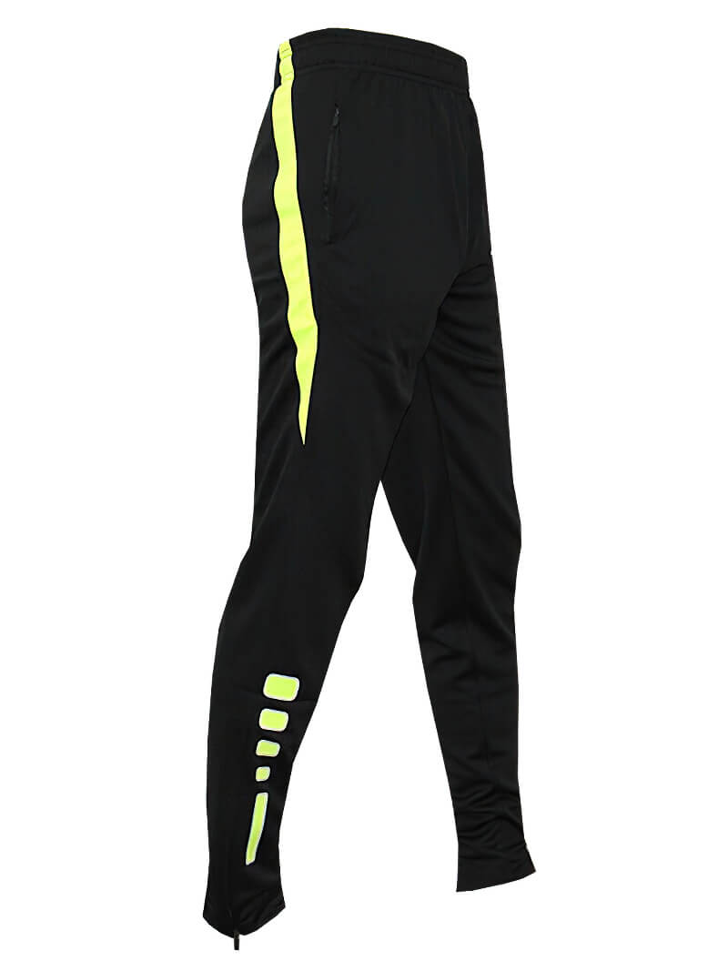 Men's sport sweatpants with zipper pockets and neon stripes, ideal for football or basketball, made of breathable polyester, SF0444.