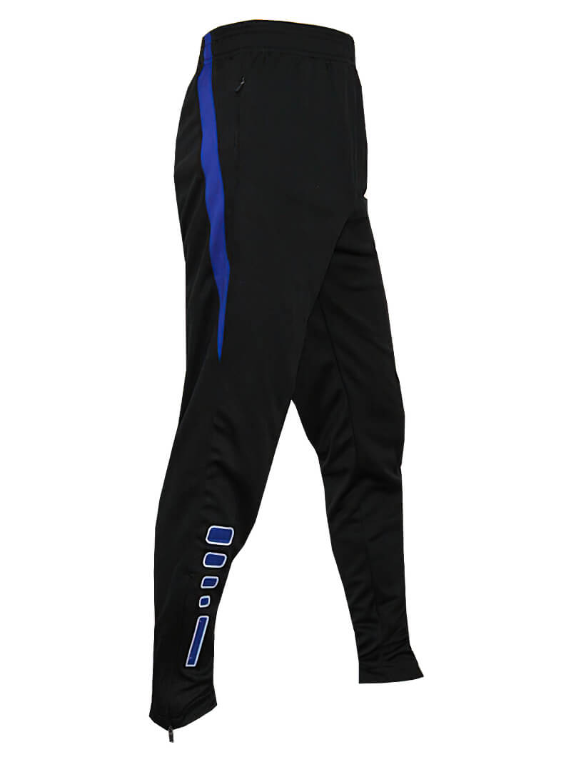 Men's black sweatpants with blue stripe, zippered pockets, ideal for football, basketball, full-length polyester design.