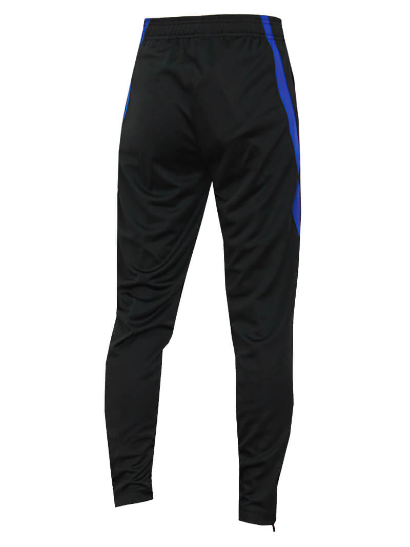 Men's polyester sweatpants with zipper pockets, black with blue stripe, ideal for football or basketball. Full-length design for running.