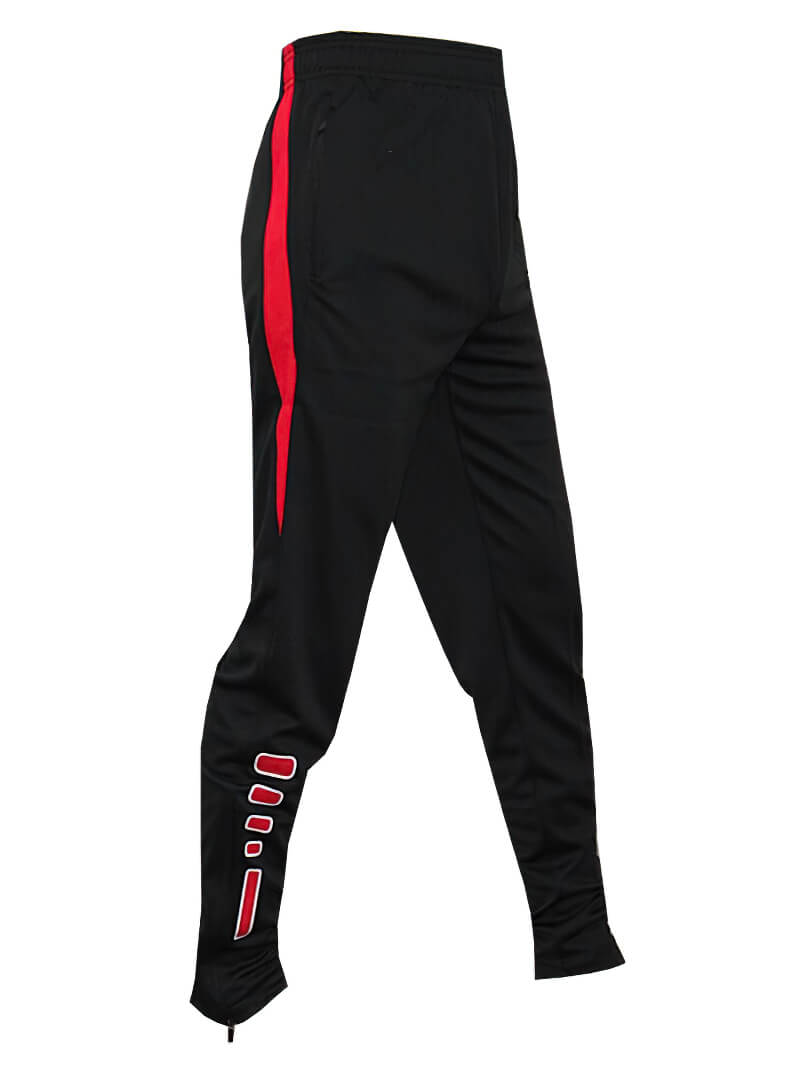 Men's sweatpants with zipper pockets for football or basketball, SF0444. Black with red stripe, polyester, adjustable waistband.