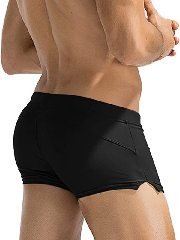 Men's swim trunks with zipper pocket, designed for comfort and style in solid black, perfect for swimming, made of quick-drying Polyester.