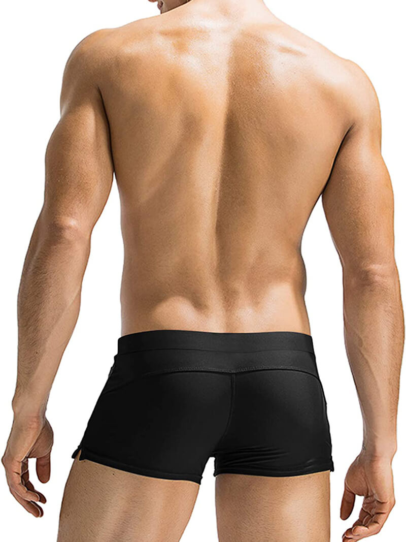 Model wearing men's swim trunks with zipper pocket, black swimming boxer briefs, showcasing durable and stylish swimwear, SF0846.