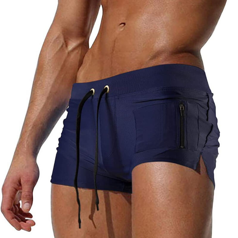 Men's swim trunks with zipper pocket, navy swimming boxer briefs, lightweight quick-dry polyester, modern design, full range of motion.