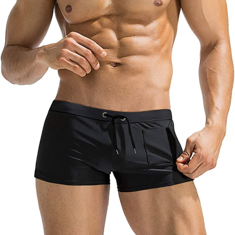 Men's black swim trunks with zipper pocket, showcasing sleek and modern design for swimming comfort and durability, model SF0846.