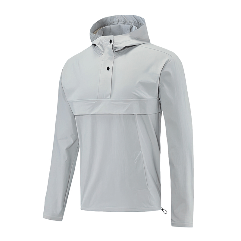 Men's windproof waterproof sweatshirt with hood in grey, perfect for outdoor sports and training, featuring breathable quick-dry fabric.