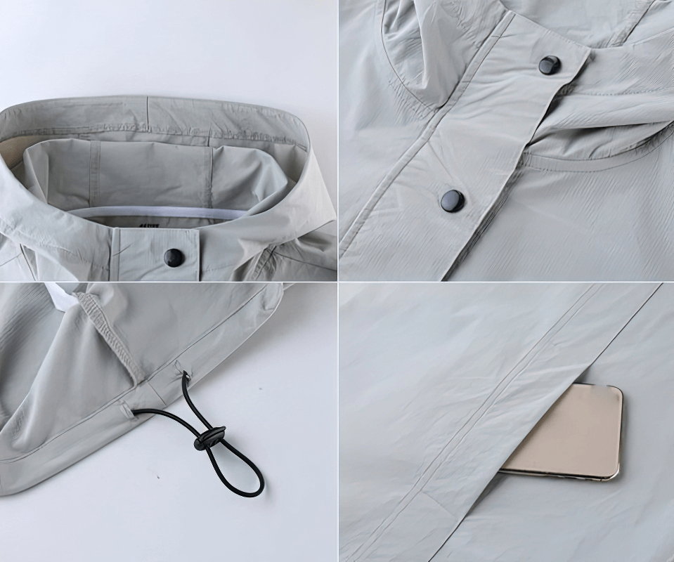 Gray windproof waterproof sports sweatshirt with hood, featuring anti-pilling fabric, adjustable drawstring, and secure pocket for training.