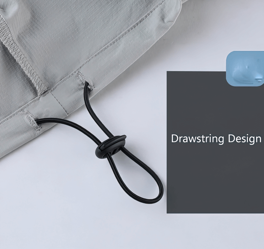 Close-up of drawstring design on men's windproof waterproof sports sweatshirt with hood, showcasing adjustable fit feature.