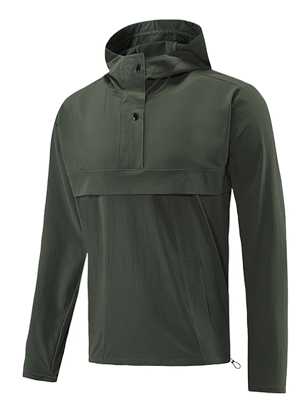 Men's windproof waterproof sports sweatshirt with hood, ideal for outdoor training. Anti-pilling, quick-drying, breathable polyester-nylon blend.