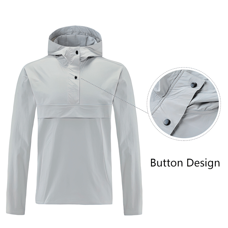 Men's windproof waterproof sports sweatshirt with hood, featuring secure button design for enhanced protection and style. Ideal for training.