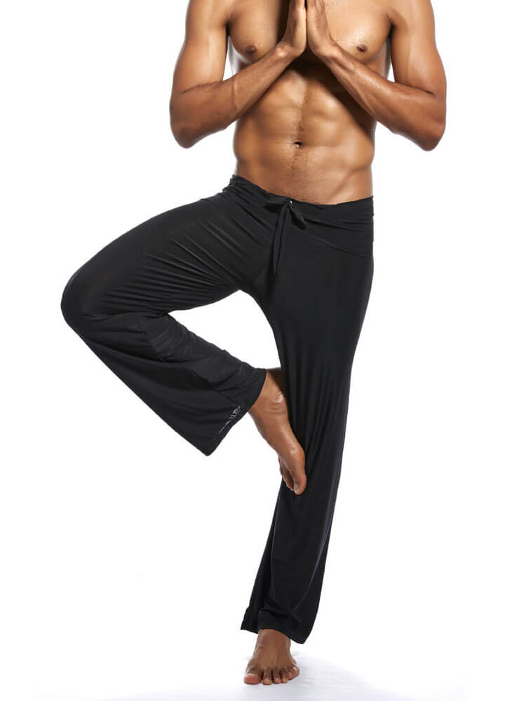 Men's yoga loose full-length pants in black, ideal for fitness with durable polyester-spandex blend and drawstring fit.