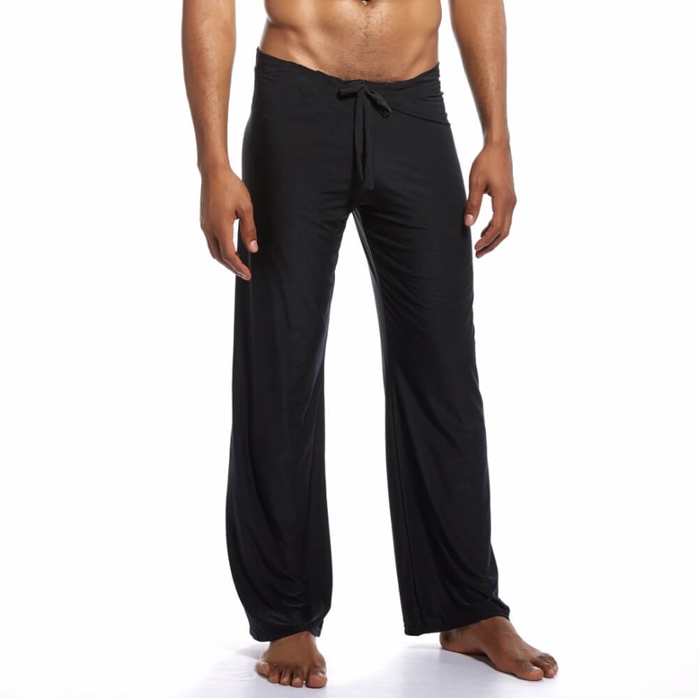 Men's yoga loose full-length pants with drawstring, SF1063, black, durable polyester-spandex, perfect for yoga and fitness.