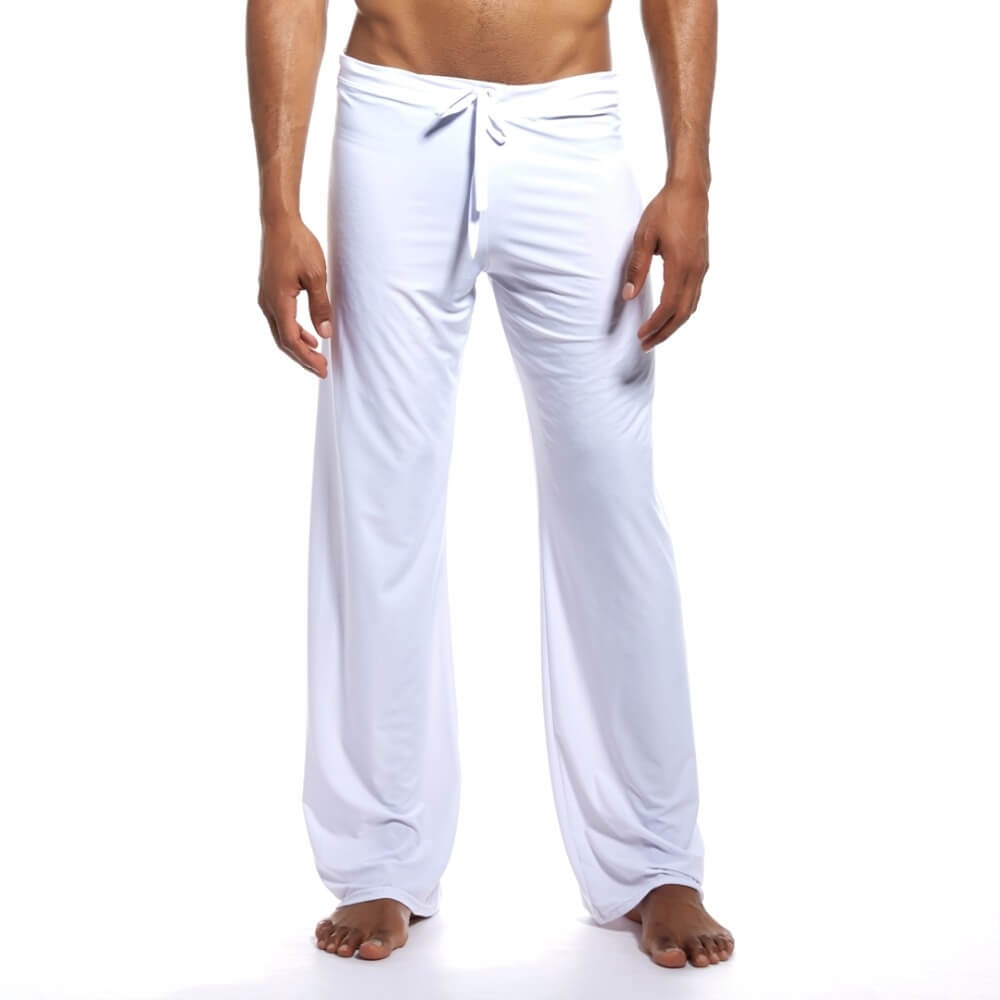 Men's white yoga loose full-length pants with drawstring, designed for optimal movement and comfort in fitness activities.