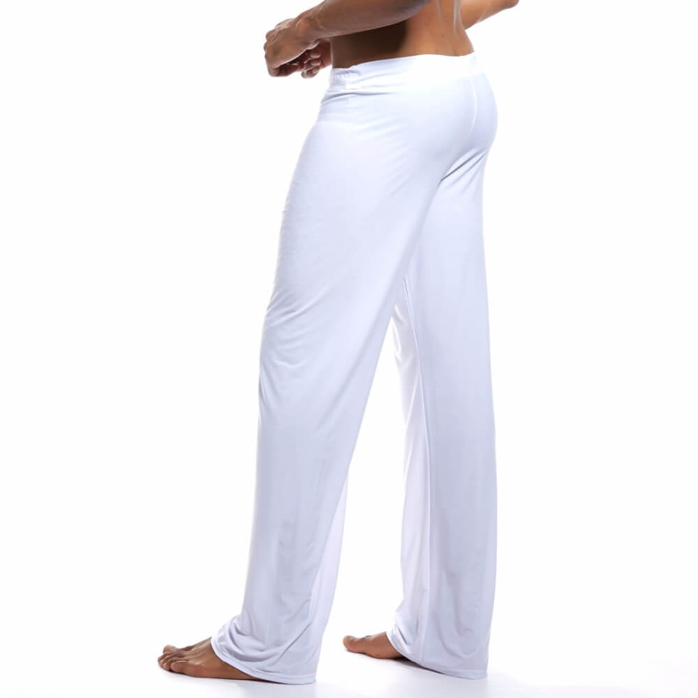 Men's yoga loose full-length white pants with drawstring, offering comfort and optimal range of motion for fitness and yoga sessions.