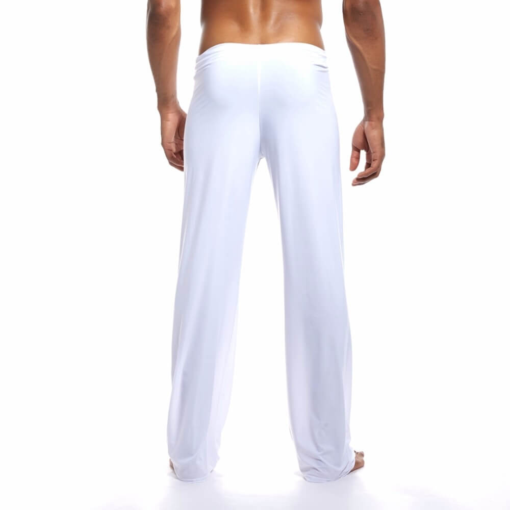 Back view of men's white yoga loose full-length pants, highlighting flexibility and comfort, perfect for fitness.