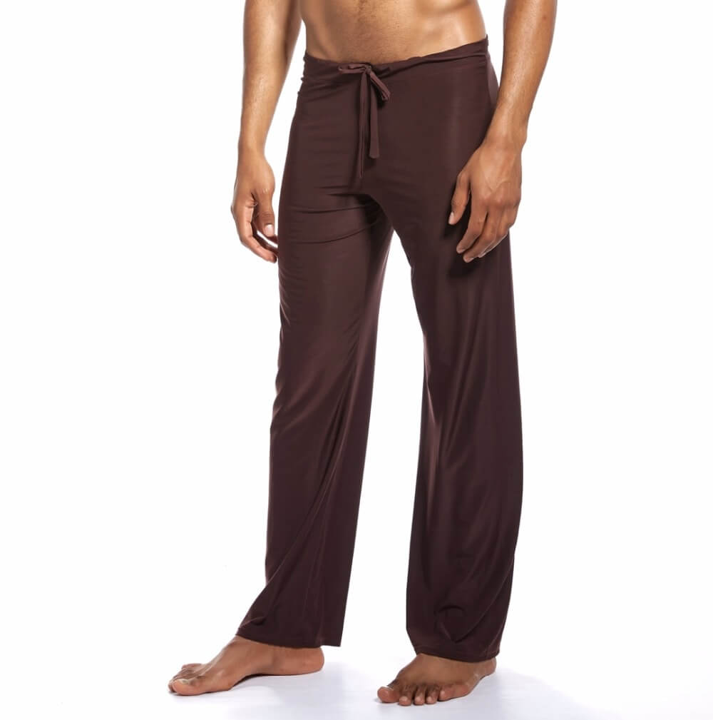 Men's yoga loose full-length pants in brown with drawstring, made from polyester and spandex for comfort and range of motion.