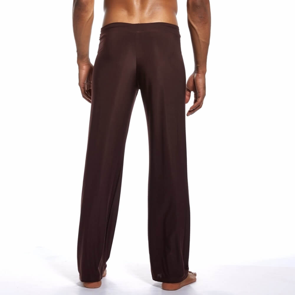 Back view of men's yoga loose full-length pants in brown, perfect for flexibility and comfort during fitness sessions. Model SF1063.