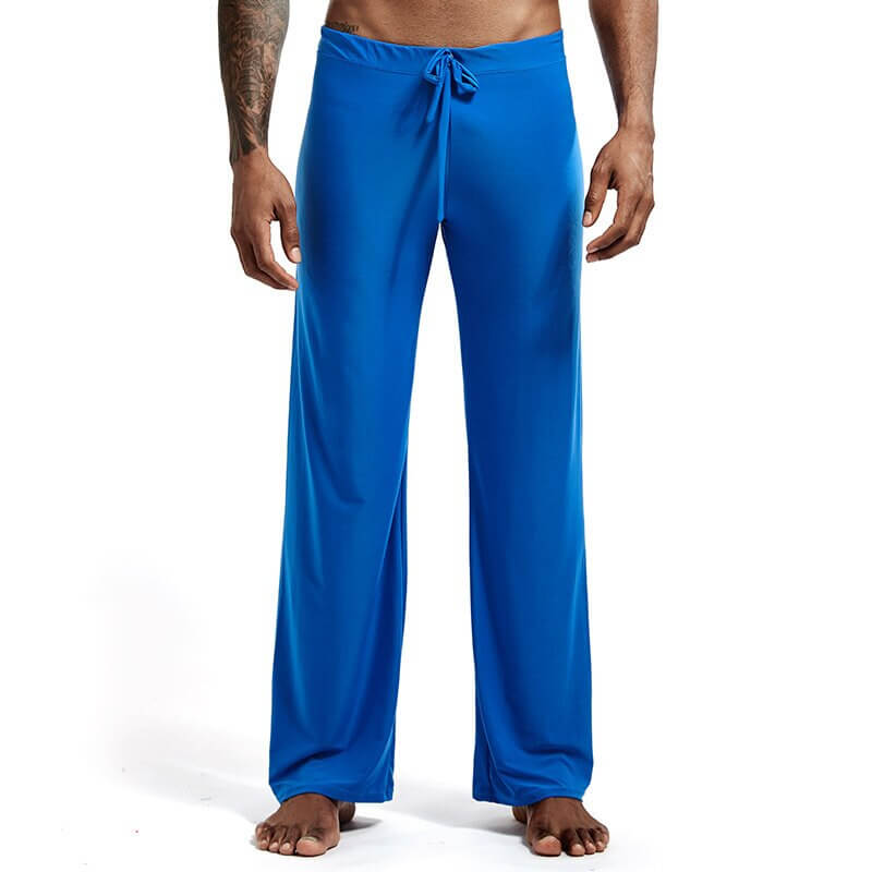 Men's yoga loose full-length pants in blue with drawstring, perfect for fitness and flexibility. SF1063.