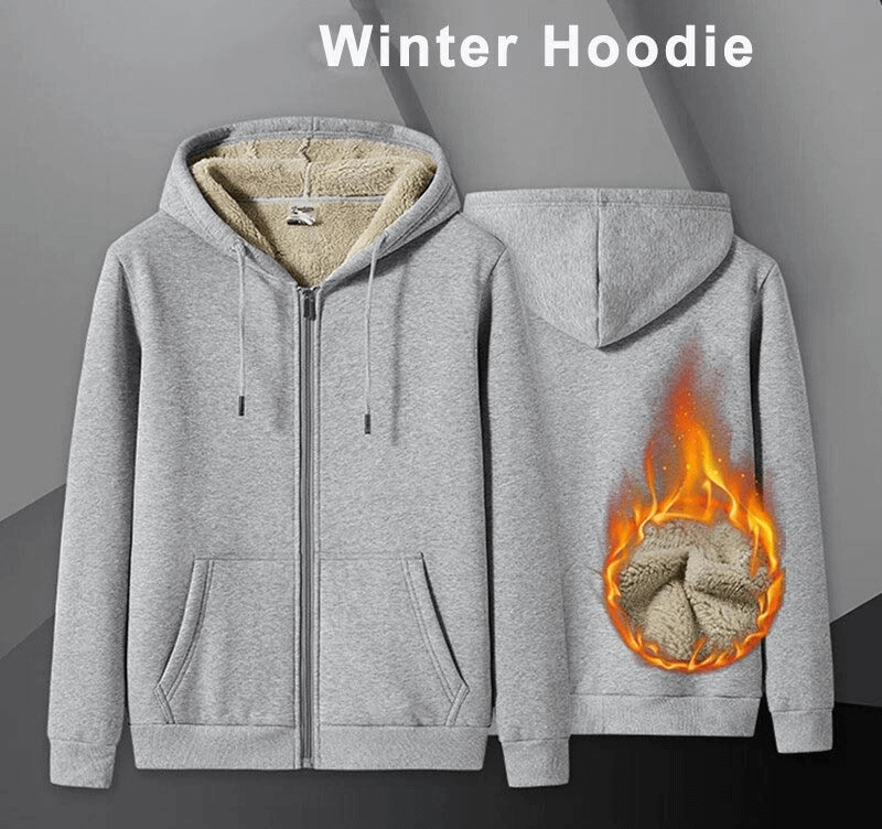 Men's thick warm zip-up hoodie with pockets - winter thermal wear in gray with cozy lining, SF0340 model.