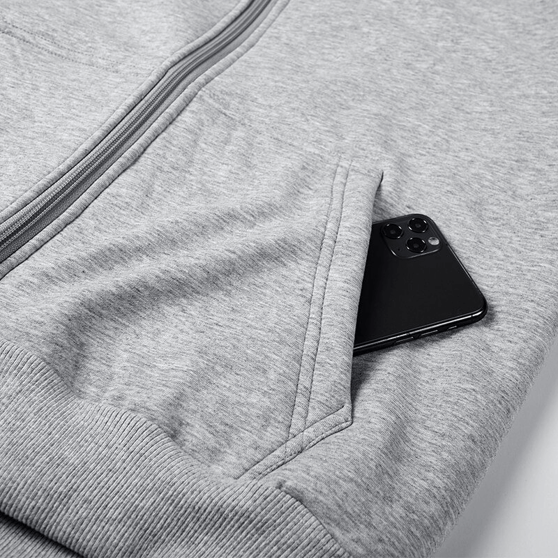 Men's gray zip-up thick warm hoodie with pocket showing smartphone, thermal wear SF0340