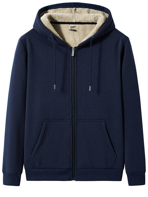 Men's zip-up thick warm navy hoodie with pockets, thermal lining, perfect for winter wear.