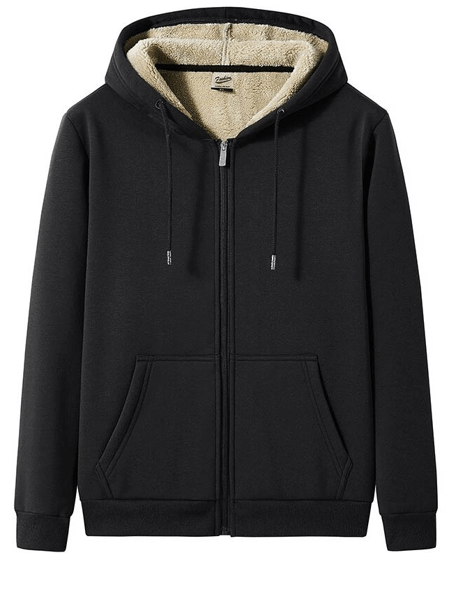 Men's black zip-up hoodie with pockets, thick thermal fabric, perfect for winter warmth and comfort, style SF0340.