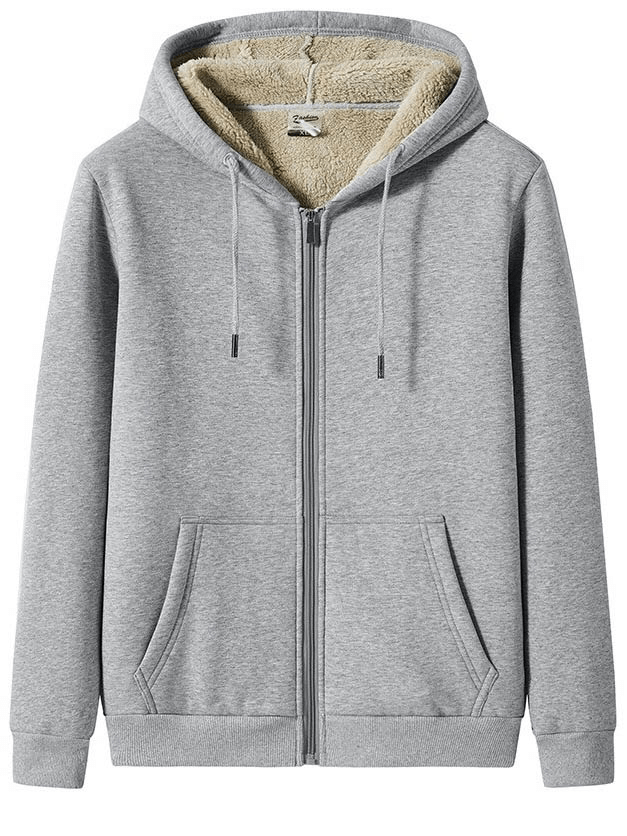 Men's thick warm grey zip-up hoodie with pockets and thermal lining, ideal winter wear.