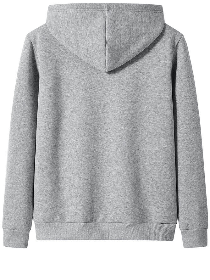 Back view of a gray men's zip-up thick warm hoodie with pockets, crafted from cotton, polyester, and spandex for ultimate winter comfort.