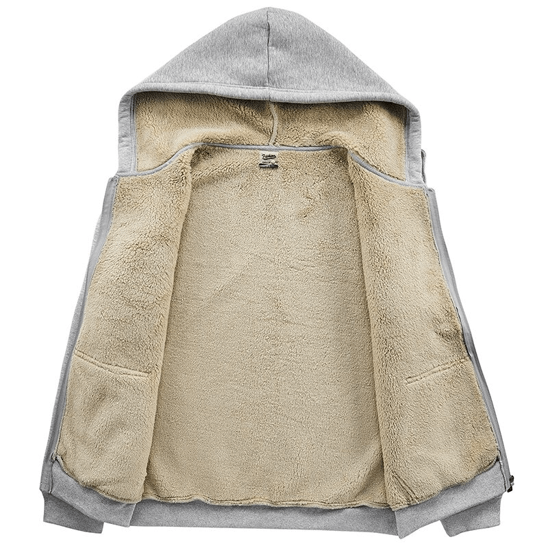 Men's zip-up thick warm hoodie with pockets, thermal clothes in gray, showcasing cozy beige lining and casual style. SF0340.
