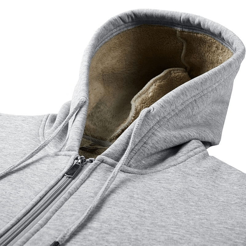 Men's zip-up thick warm grey hoodie with soft sherpa lining, perfect for winter. Features a zip closure and cozy hood.