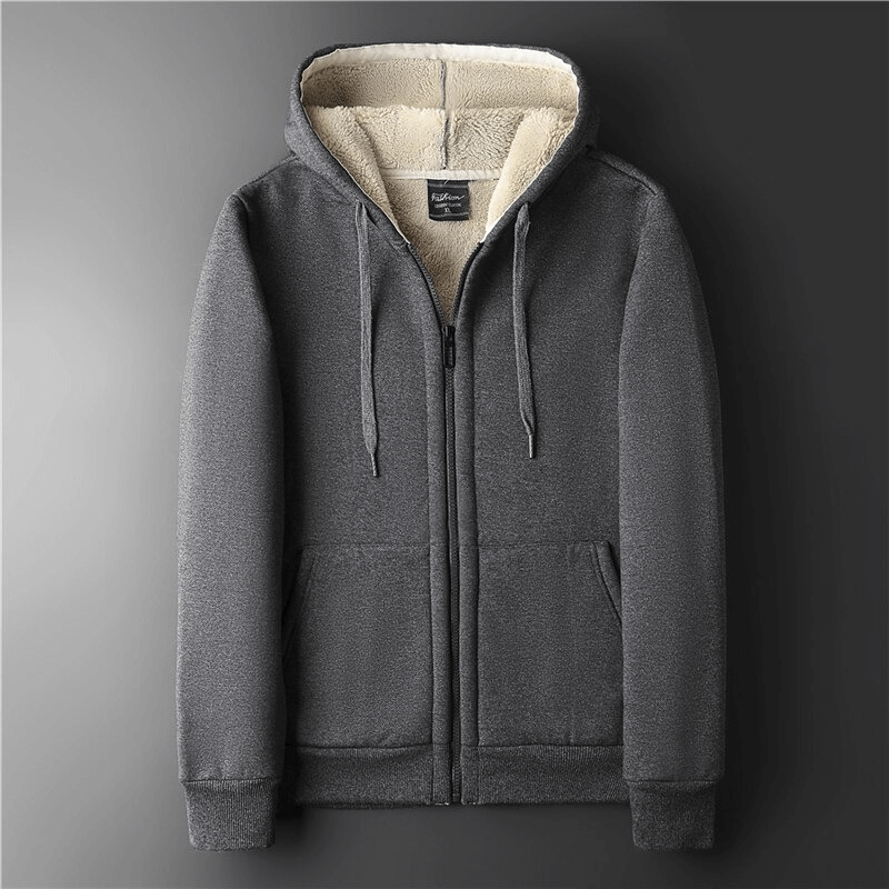 Men's thick warm zip-up hoodie with pockets, thermal clothes for winter, in dark gray color, providing warmth and comfort.
