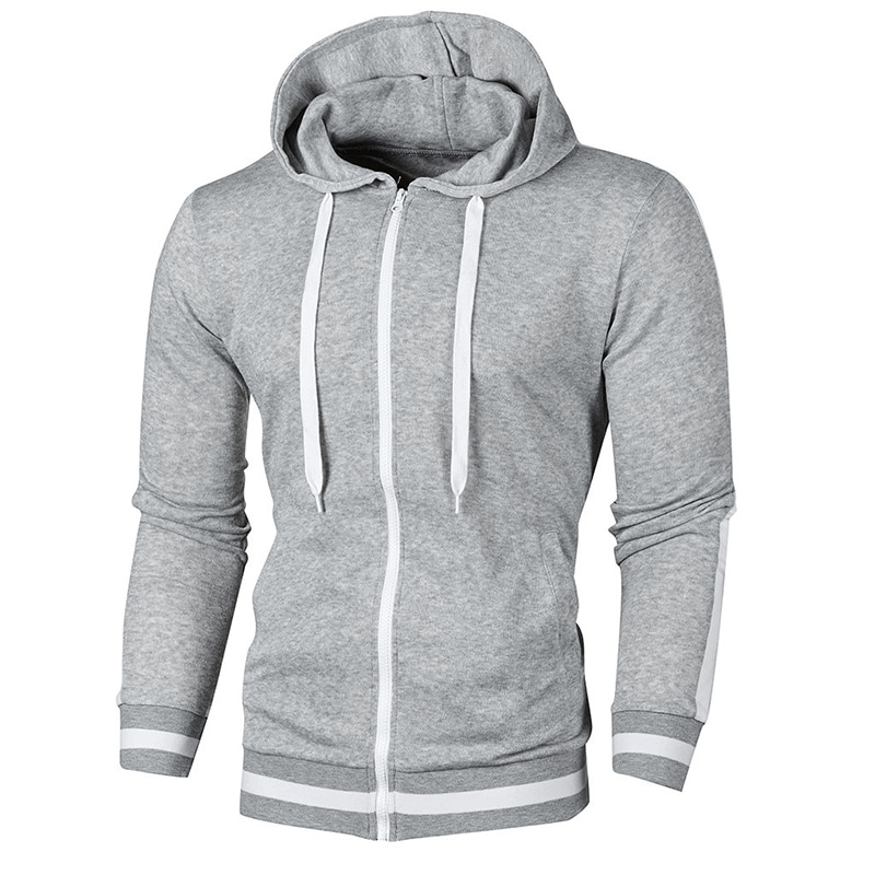 Men's Light Gray Zipper Sports Casual Hoodie with Stripes on Sleeves