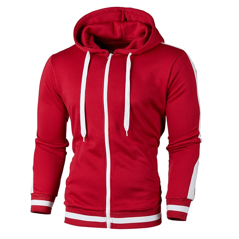 Red men's zipper sports casual hoodie with white stripes on sleeves and hood
